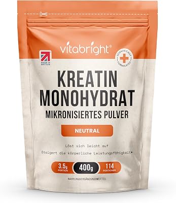 Kreatin Monohydrat Pulver 400 g | 114 Portionen | 200 Mesh ultrafein mikronisiert | Schnell lösliches Creatin | Vegan | VitaBright