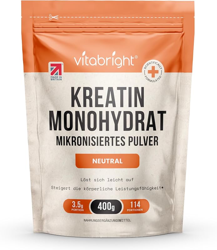 Kreatin Monohydrat Pulver 400 g | 114 Portionen | 200 Mesh ultrafein mikronisiert | Schnell lösliches Creatin | Vegan | VitaBright