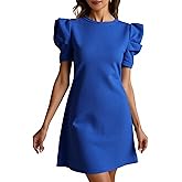 winkbay Women's Summer Puff Sleeve Mini Dress Elegant Casual Crew Neck Work Office Dresses