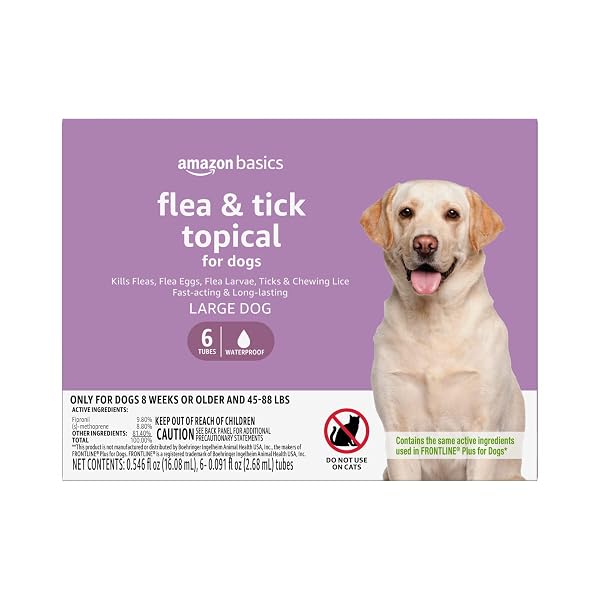 AMAZON BASICS FLEA AND TICK TOPICAL TREATMENT FOR LARGE DOGS (45-88 LBS), UNSCENTED, 6 COUNT (PREVIOUSLY SOLIMO)