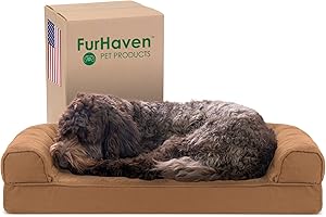 Furhaven Cooling Gel Dog Bed for Medium/Small Dogs w/ Removable Bolsters & Washable Cover, For Dogs Up to 35 lbs - Quilted Sofa - Toasted Brown, Medium