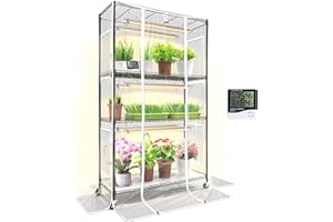 Monios-L Indoor Greenhouse with Grow Lights and Shelf,4-Tier Portable Metal Plant Stand with Full Spectrum Growing Lamps,Mini Green House Cabinet with Clear Cover Tent for Seedlings(35Lx14Wx61H)