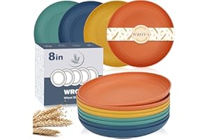 Wrova Wheat Straw Plates - 8 Inch Unbreakable Dinner Plates Set of 8 - Dishwasher & Microwave Safe Plastic Plates Reusable - Lightweight Plates for kitchen,R.V. (Colorful Series)