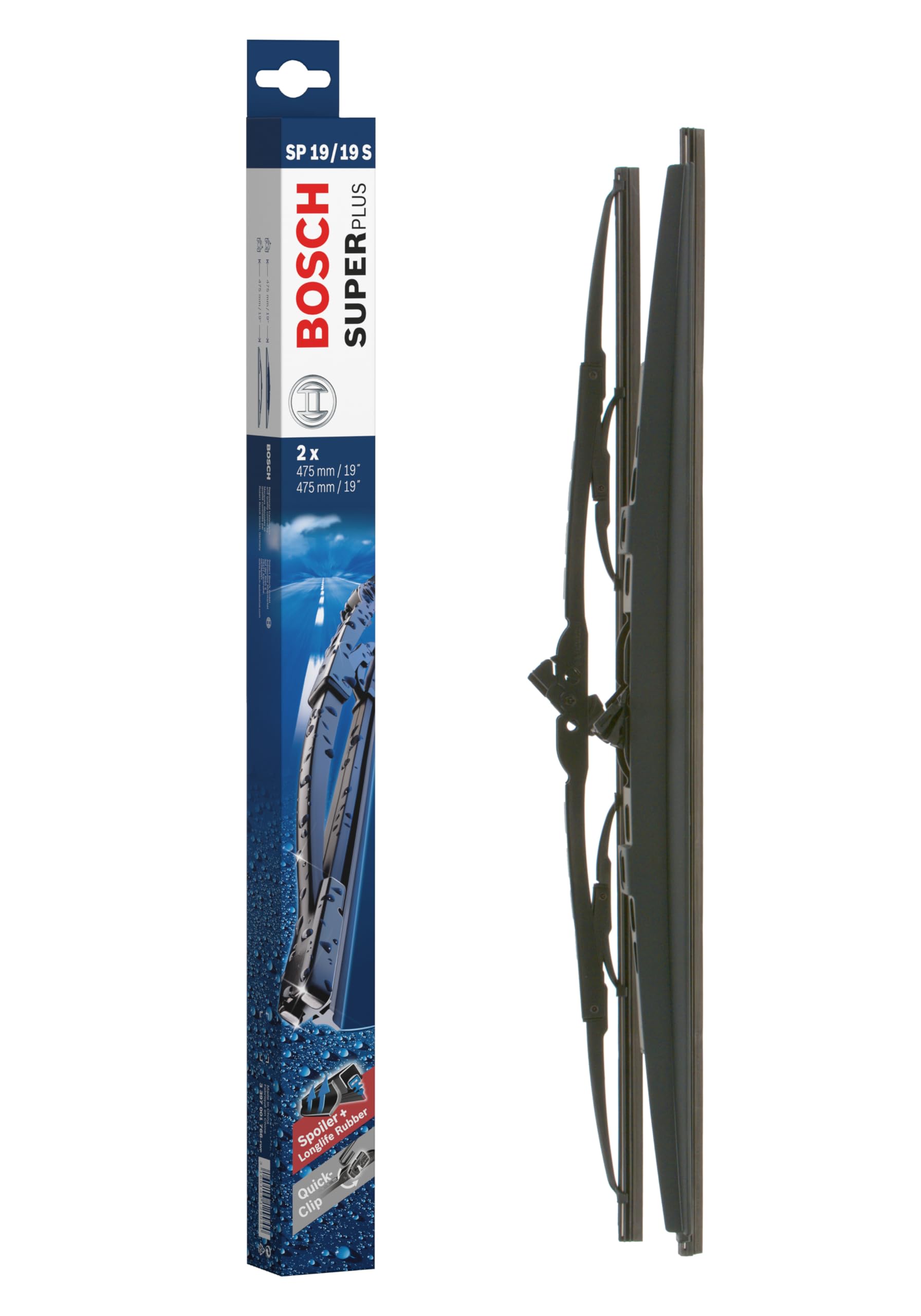 Bosch Wiper Blade Super Plus Spoiler SP19/19S, Length: 475 mm/475 mm − Set of Front Wiper Blades