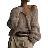 Flygo Womens Fuzzy Mohair Cardigan Sweaters V Neck Button Down Long Sleeve Fluffy Knit Open Front Slouchy Furry Sweater