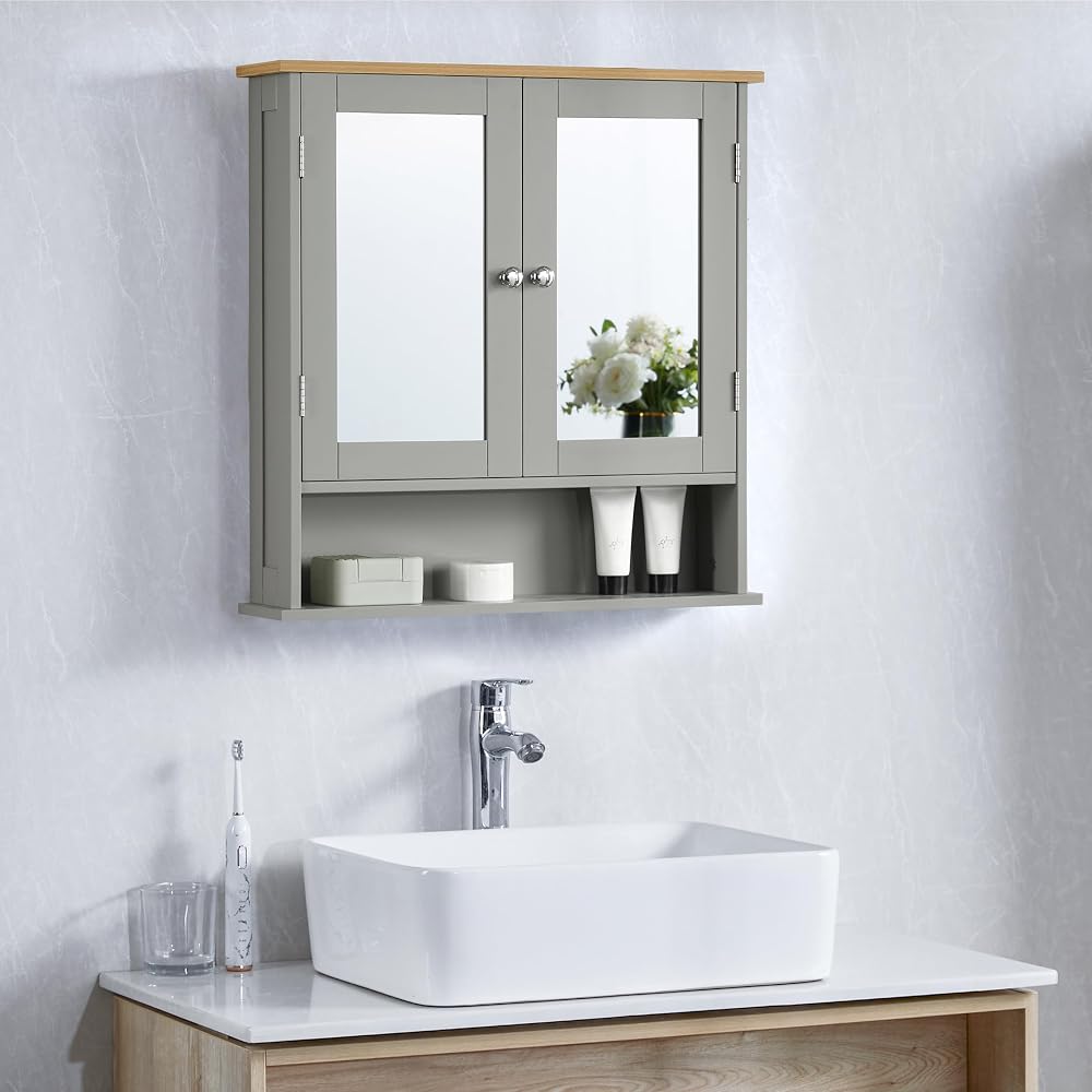 Bath Vida Priano 2 Door Mirrored Wall Cabinet Grey Oak H58 W56 D13 cm