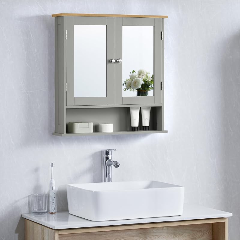 Bath Vida Priano 2 Door Mirrored Wall Cabinet Grey Oak H58 W56 D13 cm