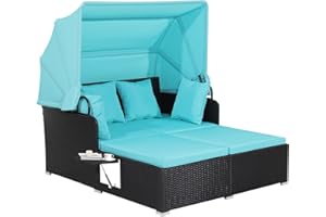 GENERIC Salches Outdoor Daybed, Patio Daybed with Retractable Canopy, High-Resilient Soft Cushions, Foldable Side Trays, Outdoor Bed Loveseat for Garden, Backyard, Porch (Turquoise)