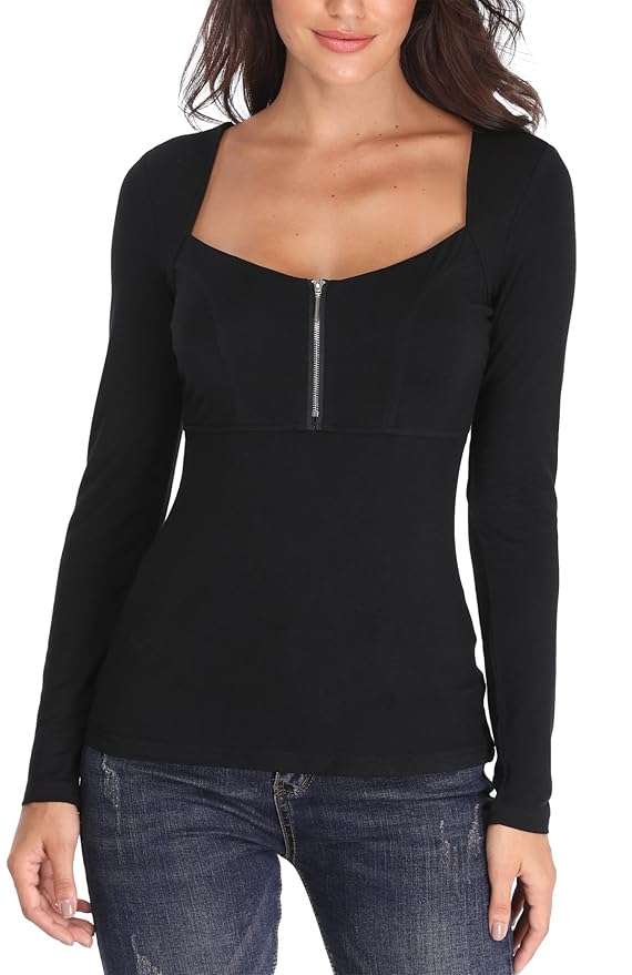 Miss Moly Damen Langarm Shirt Sexy Oberteil Tops mit Reißverschluss Vorne