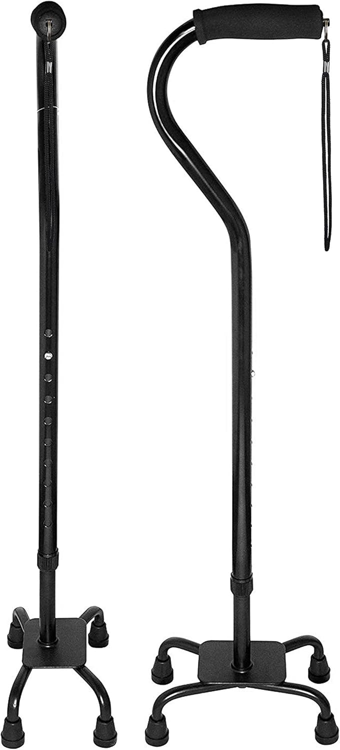 RMS Quad Cane - Adjustable Walking Cane with 4-Pronged Base for Extra Stability - Foam Padded Offset Handle for Soft Grip - Works for Right or Left Handed Men or Women (Black): Sports & Outdoors