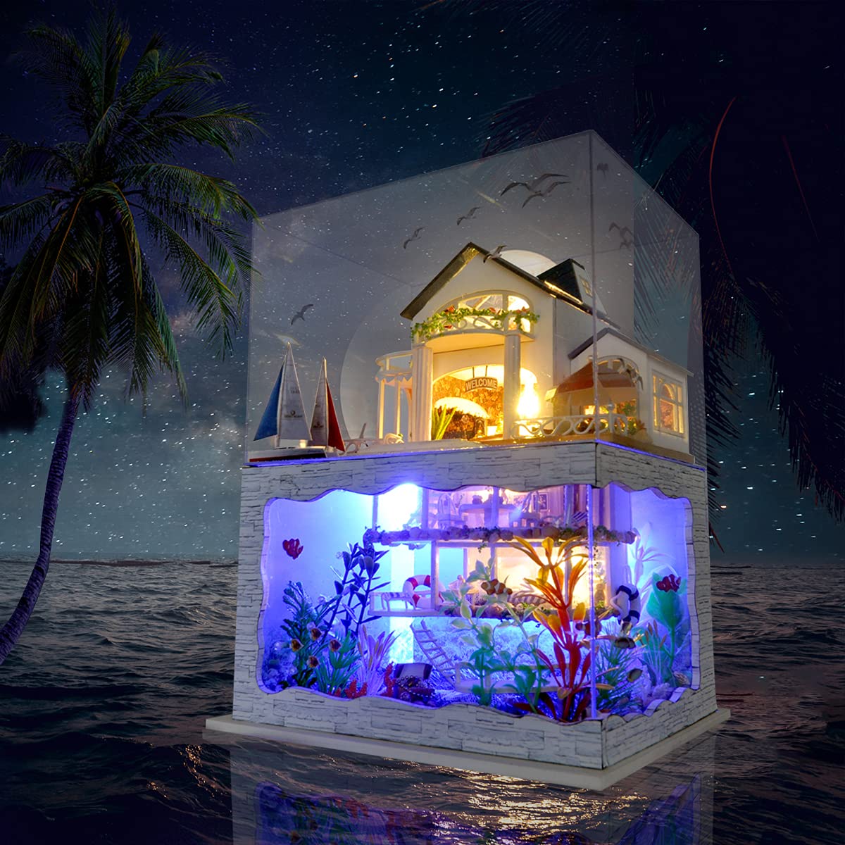 GuDoQi DIY Miniature Dollhouse Kit, Tiny House kit with Furniture and Dust Proof, Miniature House Kit 1:24 Scale Beachside Bungalow, Great Handmade Crafts Gift for Birthday Easter Day