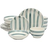 Gibson Home Kenwood Shores 16 Piece Dinnerware Set, Blue Striped, Hand-Painted Stoneware Dishes, Plates and Bowls, Service for 4, Microwave &amp; Dishwasher Safe