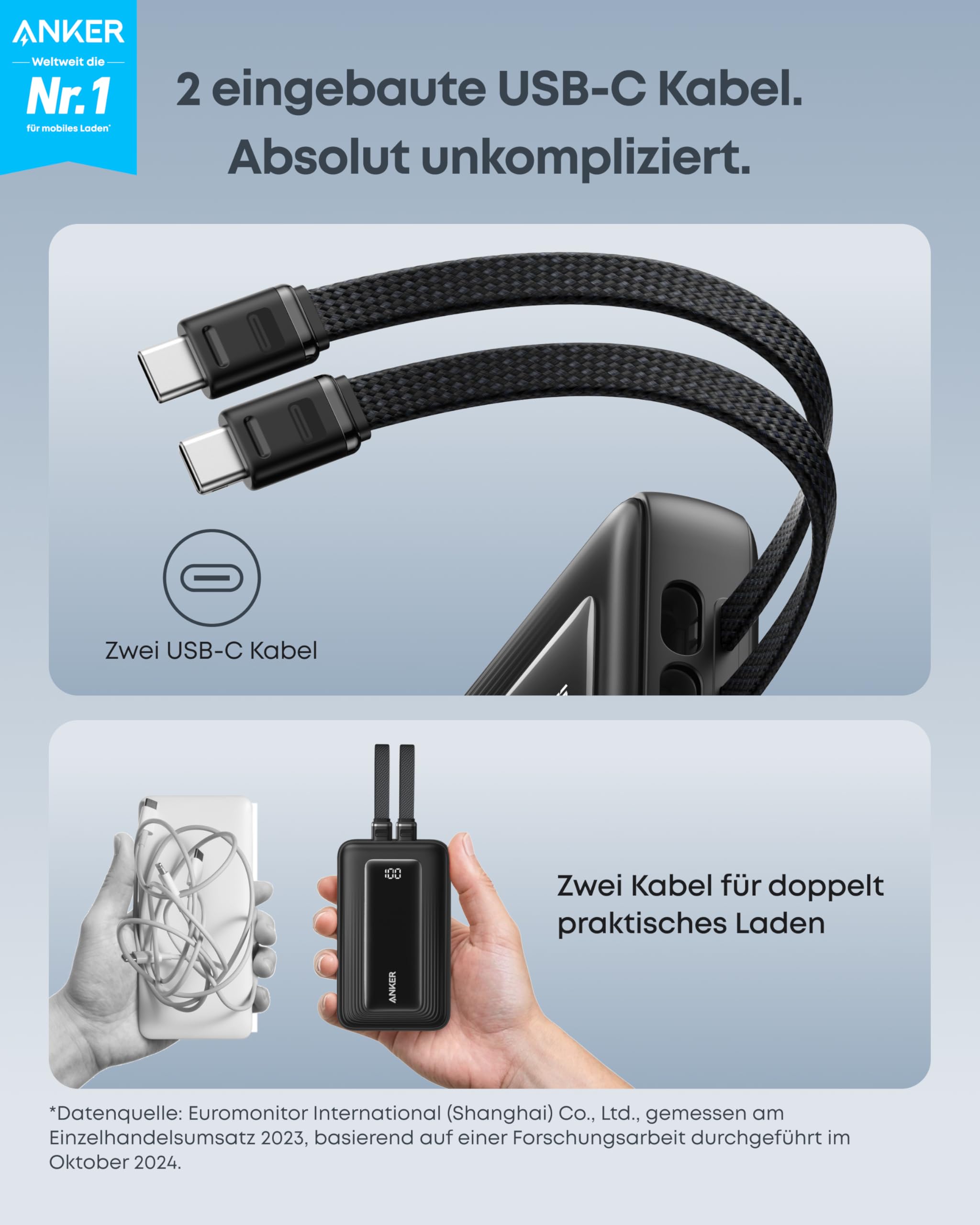 Anker Zolo Powerbank 20000mAh 45W Max, 2 integrierte USB-C Kabel 2