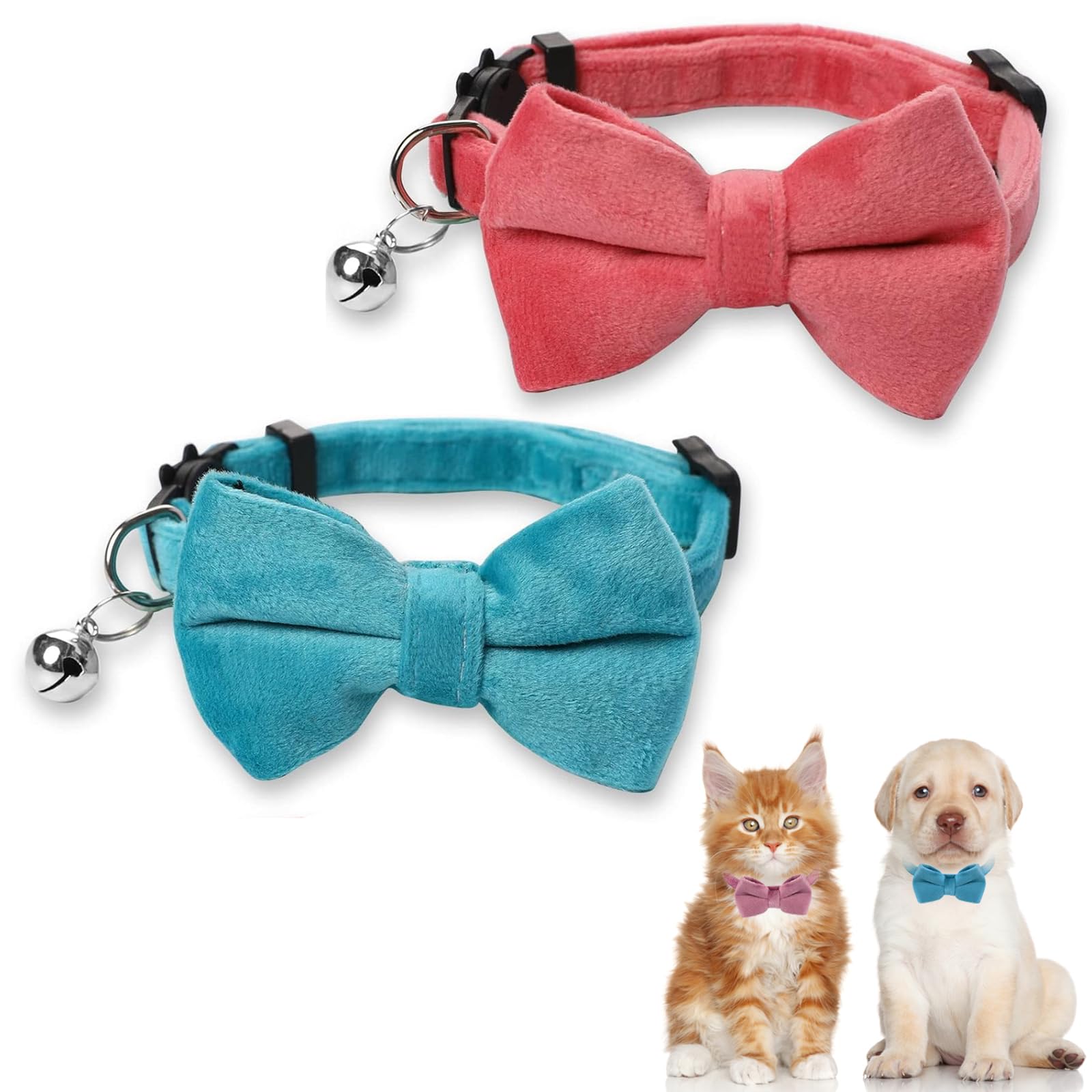 2pcs Plush Cat Collars with Bells and Bow Tie, Adjustable Quick Release Cat Collar Breakaway Cute Christmas Themed Kitten Collar for Kitten Puppy Pet Party Supplies Accessories