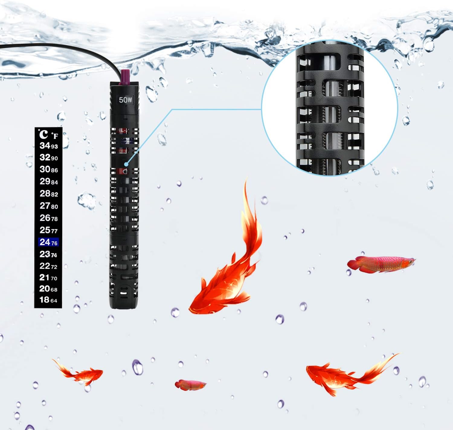Star Factory Submersible Aquarium Heater with Thermometer and Protective Case,Ideal for 5-20 Gallon Fish Tank,50Watt,Black