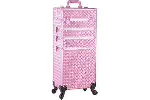 AROUS 5 in 1 Professional Makeup Train Case Aluminum Cosmetic Case Rolling Makeup Case Extra Large Trolley Makeup Travel Organizer, with 360° Swivel Wheels, All Pink