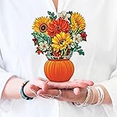 Freshcut Paper Pop Up Cards, Mini Pumpkin Harvest, 6 Inch Mini Sized Forever Flower Bouquet 3D Popup Greeting Cards, Autumn Card, Birthday Card, Blank Notecard & Envelope
