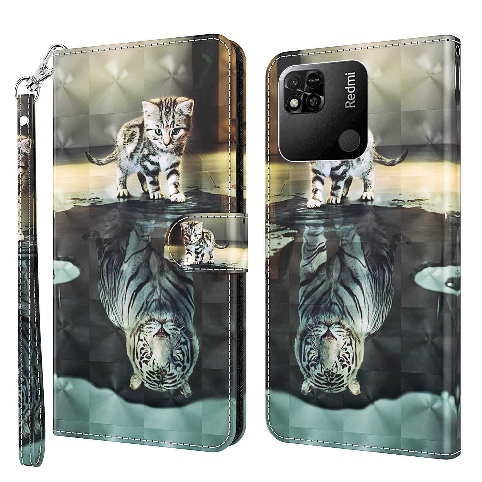 GLANDOTU Case for Xiaomi Redmi 10A/9C/9C NFC Case, Premium PU Leather [Full Protection] [Card Slots] [Stand] Wallet Cover Case for Xiaomi Xiaomi Redmi 10A/9C/9C NFC Case-Cat & tiger