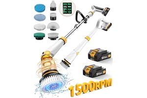 Qimedo Electric Spin Scrubber with Two Batteries Q2 Pro,1500 RPM High Power Electric Scrubber for Cleaning,Shower Cordless Cleaning Brush with Display for Tub/Tile/Floor (Effortless Handle/8 Brushes)