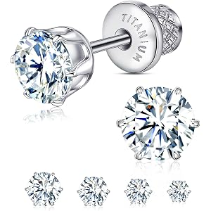 Limerencia Hypoallergenic Titanium 6 Prong CZ Flat Back Screw Back Earrings | Implant Grade Titanium for Sensitive Ears | Nic