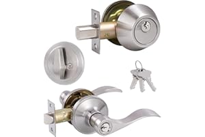 （1 Pack） Keyed Alike Front Door Lever Lockset with Single Cylinder Deadbolt Combination Set， Wave Style Lever, Front Door/Ext