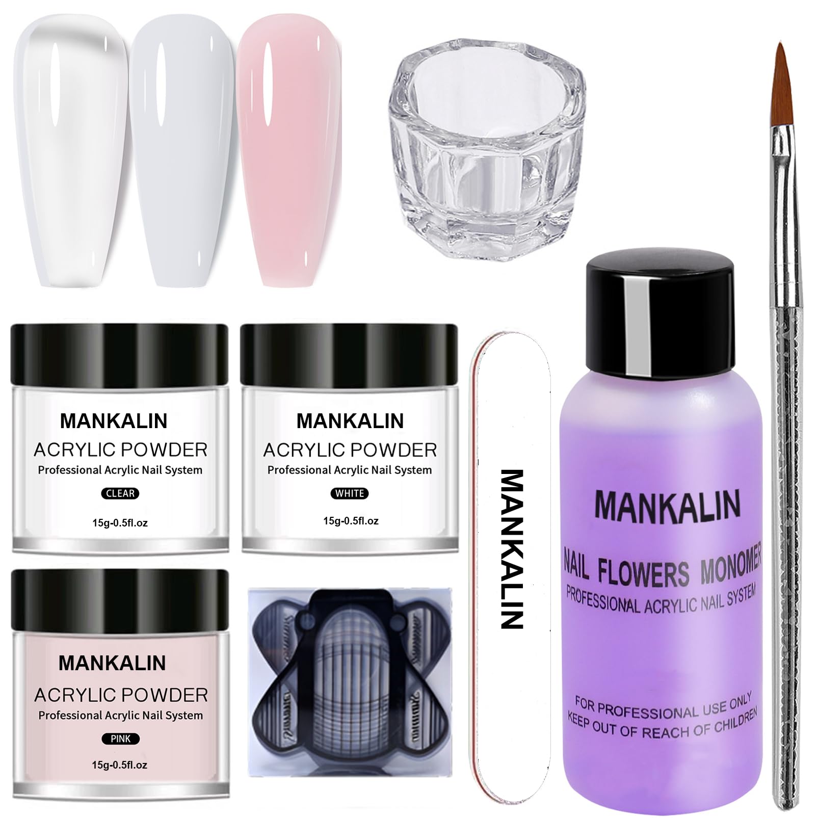 Acrylic Powder and Liquid Nail Extension Kit - 3 Colors Set with Art Brush, Forms, Glass Cup, File for Beginners