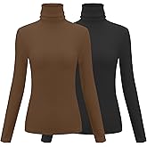 Herou 2 Pack Womens Long Sleeve Turtleneck Slim Fitted Lightweight Casual Active Layer Tops Shirts