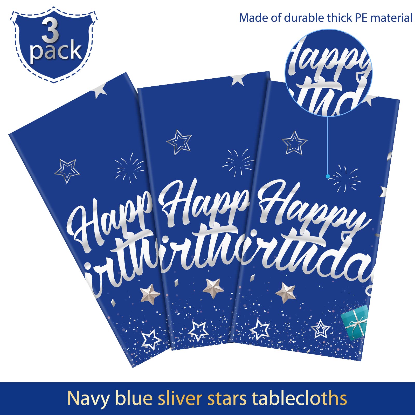 Tegeme Navy Blue Party Supplies Stars Happy Birthday Tablecloths Starry Confetti Table Covers for Kids Boys Girls Baby Shower Birthday Party Decorations(Navy Blue and Silver,3 Pack)