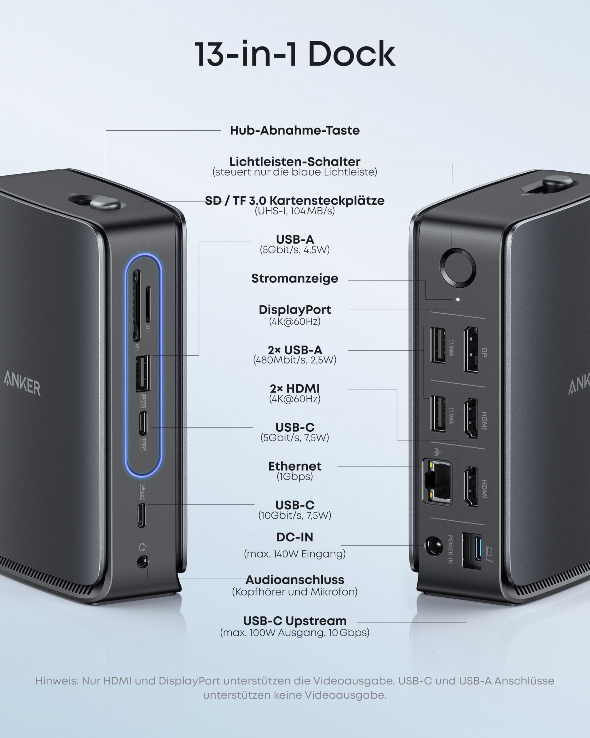 Anker Nano Laptop Docking Station, Integrierter USB C Hub, 13-in-1 Triple-Display (2× HDMI, 1× DP), 10Gbps USB-C, 3× USB-A, Audio, SD/TF, Ethernet, Bis 100W Power Delivery, Für Dell, Lenovo, HP u.v.m. 5