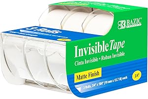 BAZIC PRODUCTS BAZIC Invisible Tape w/Dispenser 3/4" X 500", Matte Finish Stationery Tapes Rolls, for Arts Craft Photo Gift Wrapping, (3/Pack), 1-Pack