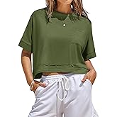 Fisoew Womens Oversized Crop Tops Workout Short Sleeve T Shirts Summer Casual Loose Fit Basic Tee Shirts with Pockets