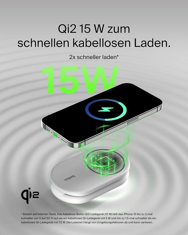 BoostCharge 2-in-1 magnetisches einklappbares Ladegerät Qi2, MagSafe-kompatibles 15 W, Schnellladegerät für Apple iPhone 17, Air, Pixelsnap, induktive Ladestation, inklusive Netzteil - Schwarz