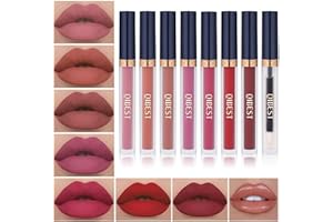 QiBest 7Pcs Matte Liquid Lipstick + 1Pcs Lip Plumper Makeup Set Kit, Pigmented Long Lasting Lip Gloss Set, Velvet Waterproof Halloween Lip Makeup Valentine’s Gift Sets for Girls and Women