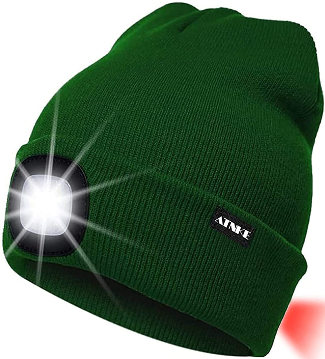 ATNKE 8LED Lighted Knit Hat,USB Rechargeable Running Headlamp Cap Ultra Bright Waterproof Light Lamp and Flashing Alarm Red Tail Light Multi-Color/Green