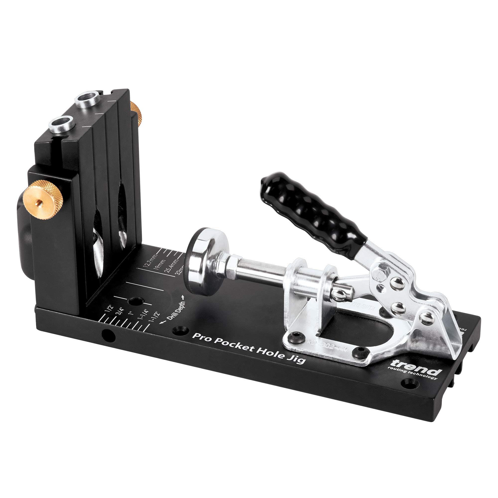 Trend Pocket Hole Jig Kit with Dual Column Jig, Face Clamp, HSS Drill Bit & Depth Setting Collar, 2 Square Bit Drives & 100 Pocket Hole Screws, PH/JIG