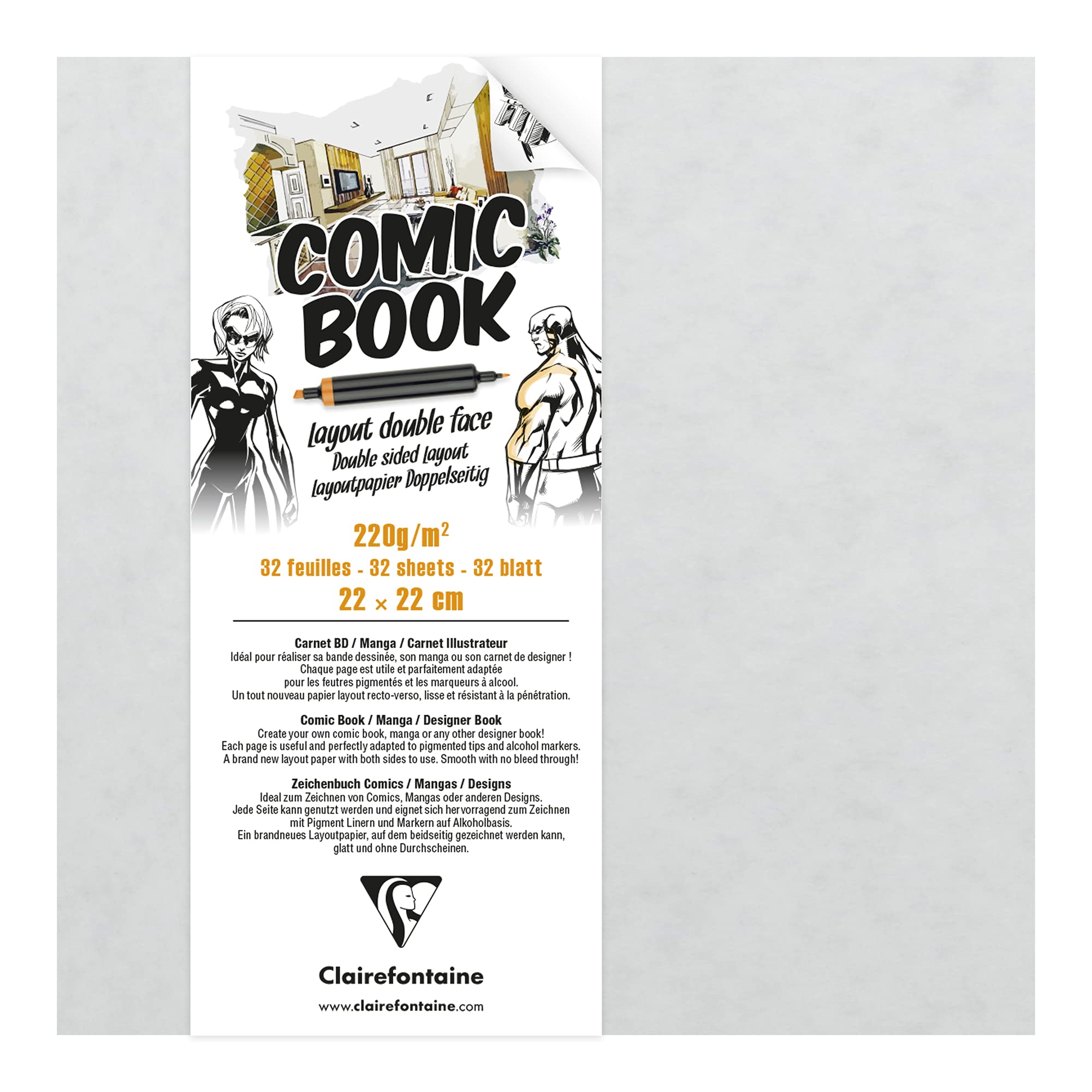 Clairefontaine - Ref 975198C - Double Sided Manga & Cartoon Layout Paper Book (32 Sheets) - 22 x 22cm in Size, 220gsm Heavyweight Smooth Paper - Suitable for Use with Alcohol Markers