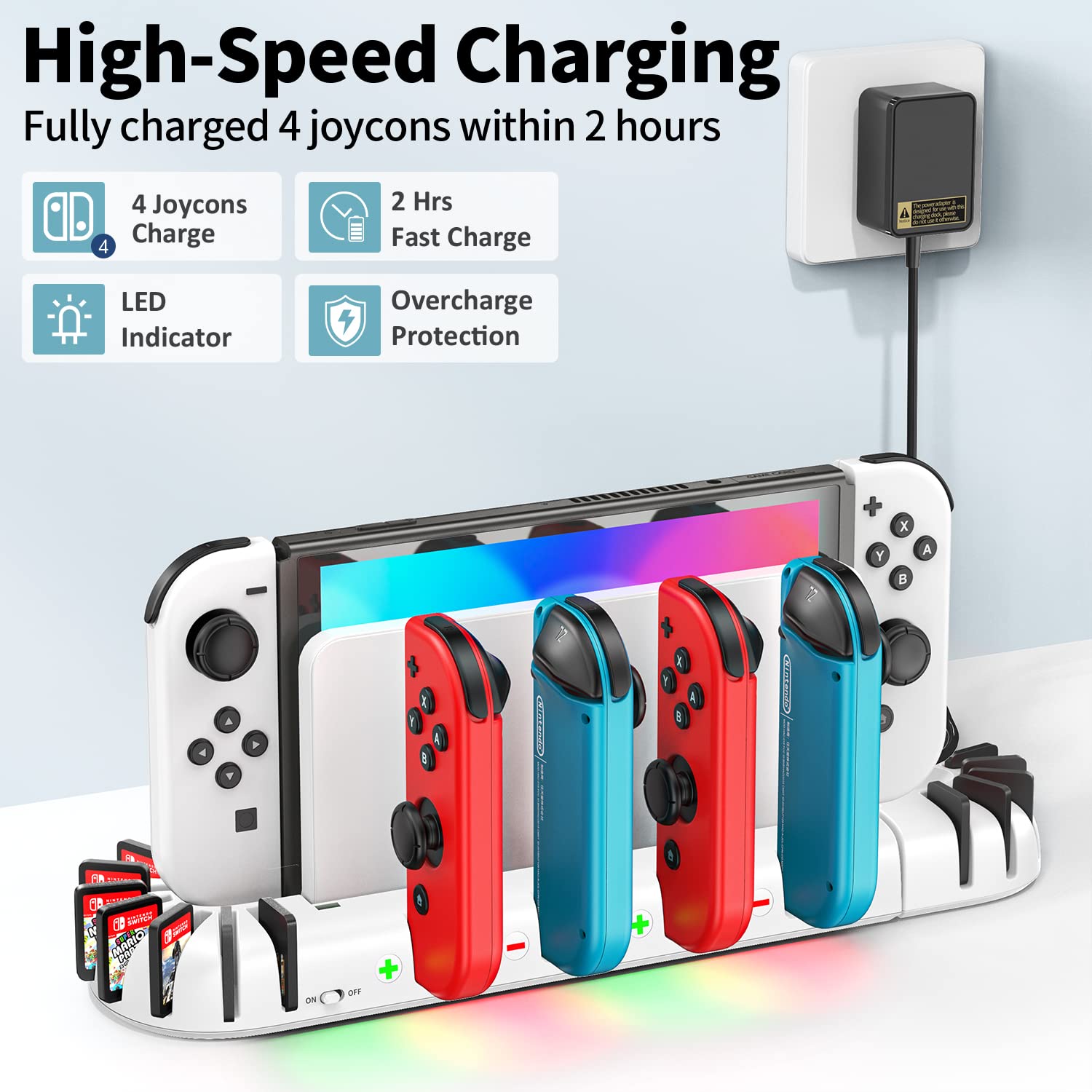 Switch Controller Charger Dock Station for Joycons, OIVO Upgraded 16 Game Slots Charging Dock Compatible with Nintendo Switch & OLED Model Joy-con, Charger for Nintendo Switch Joycon Controller-White