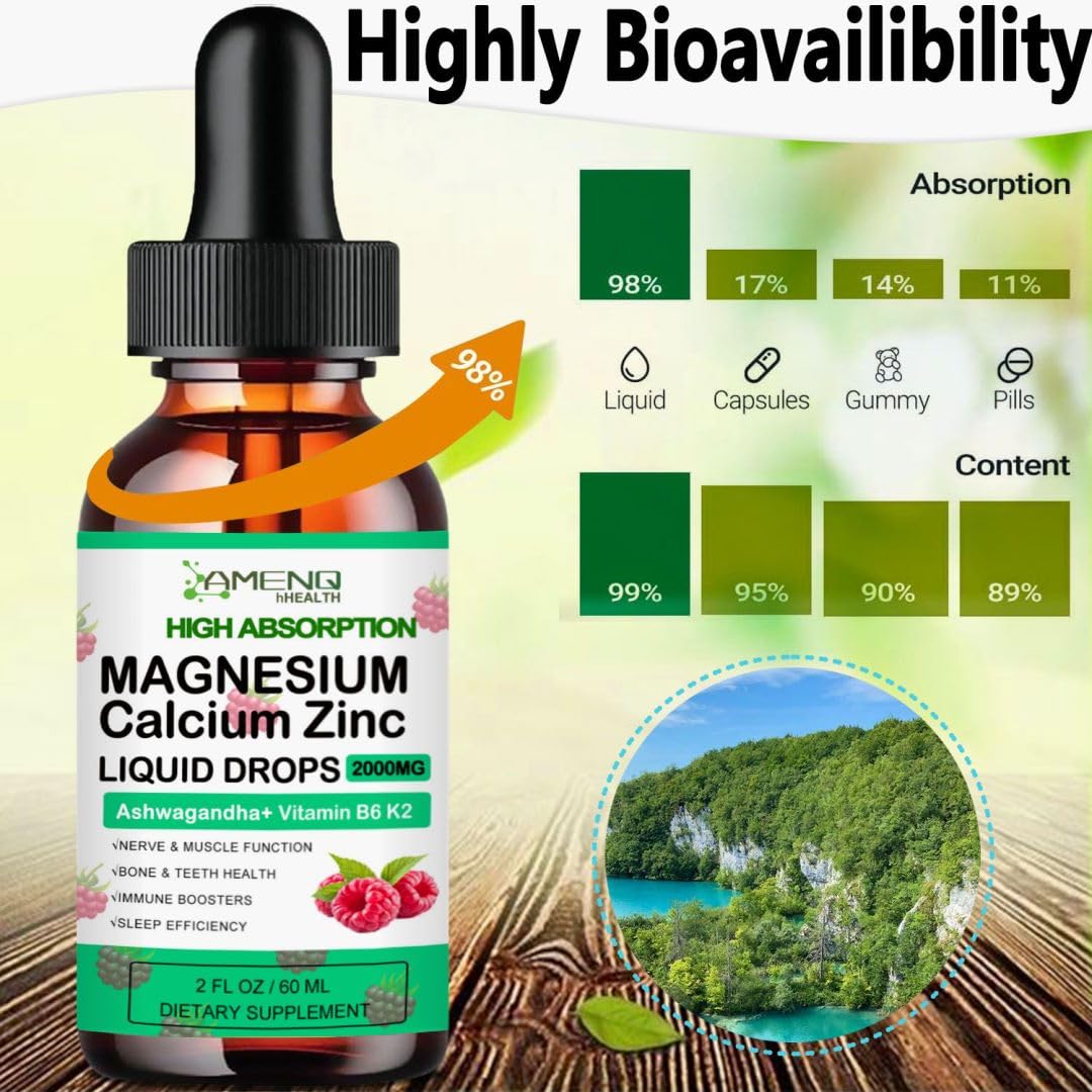 AMENQ hHEALTH Calcium Magnesium Zinc with Magnesium Glycinate 400mg Plus Vitamin C D3 K2 Liquid Drop, High Potency Liquid Calcium Magnesium Supplement for Bone, Muscle, Immune, Mood, Sleep