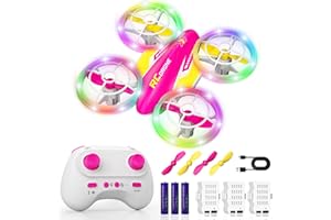 FUNPX LED RC Drone for Kids 6+, Christmas Birthday Gift for Boys & Girls with Remote Batteries, 360° Flips, 3 Speed Modes, 45 Min Flight Indoor and Outdoor Flying Toy - RoseRed Yellow