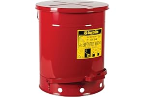 Justrite 9500 Galvanized Steel Oily Waste Safety Can with Foot Lever, 14 Gallons Capacity, Red