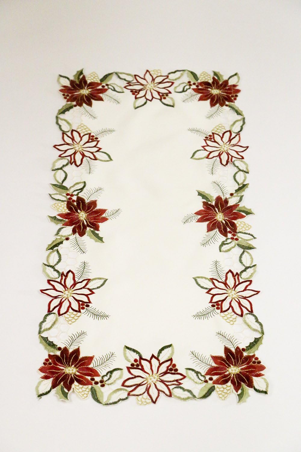 Garnet Poinsettia Embroidered Table Runner – 16”x 36” Cutwork Home Decorating Linens - Parties, Entertainment & Holiday Gift