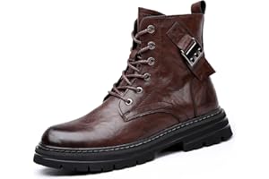 GOMEHUI Men's Leather Waterproof Combat Boots with Side Zipper, Casual Hand-Stitched Lace-Up High Top Motorcycle Boots, Comfort Outdoor Rubber Sole Non-Slip Resistant Soft Sole Work Boot