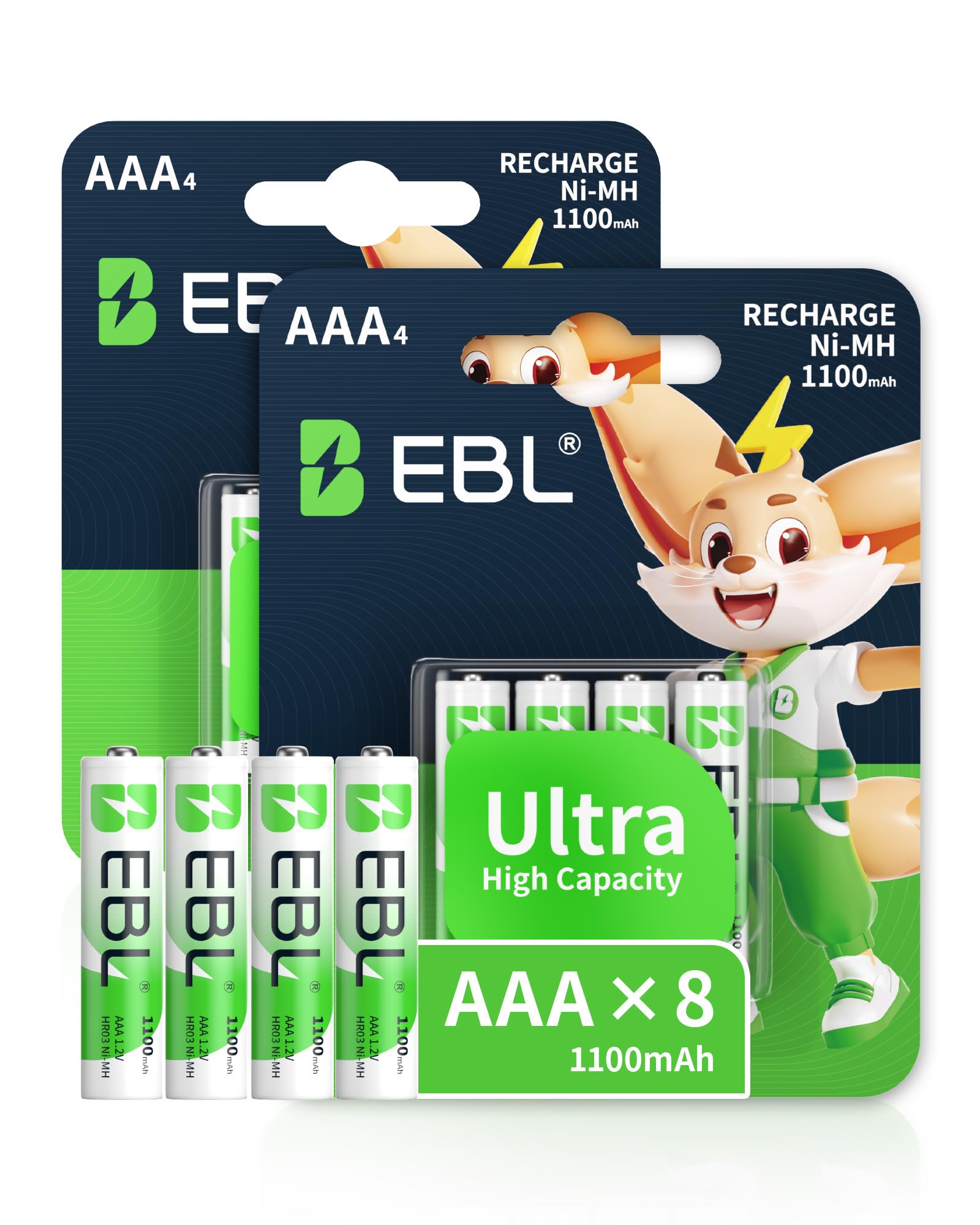 EBL AAA Rechargeable Batteries 1100mAh Ready2Charge Triple A NiMH Battery, Retail Pacakge - 8 Packs