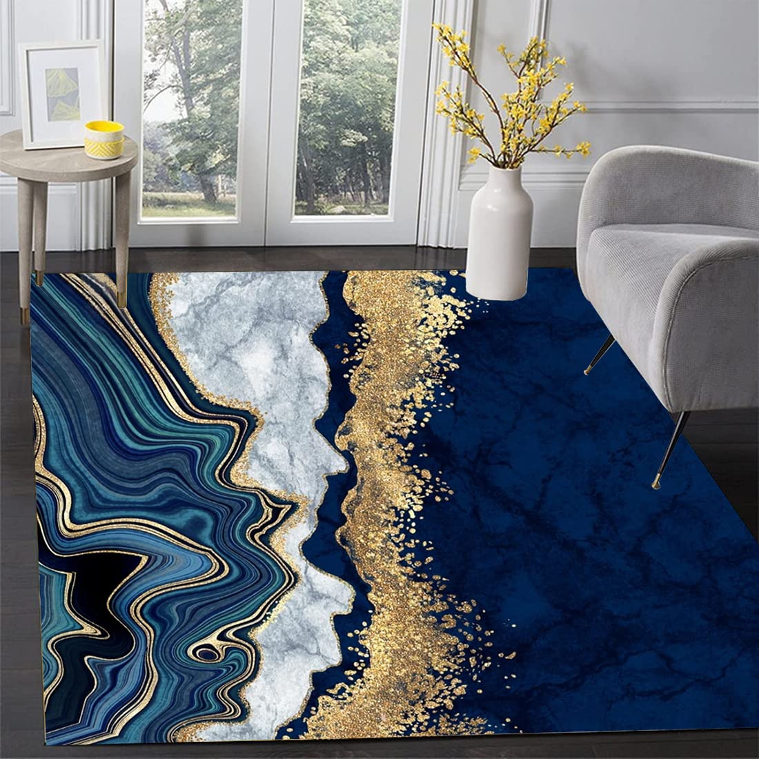 Photo 1 of Modern Contemporary Aesthetic Navy Blue Gold Marble Abstract Area Rug 5x7 Minimalist Abstract Rug for Livingroom Bedroom Diningroom Indoor Floorcover Carpet