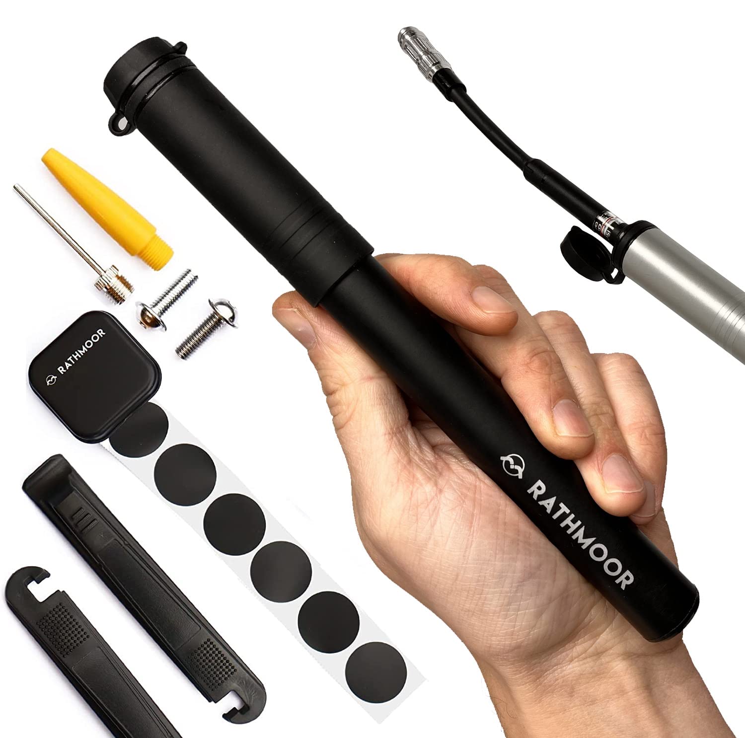 Rathmoor CNC Machined Bike Mini Pump with inline Gauge and Glueless Repair Kit (Black)