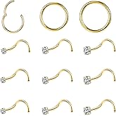 AccGin 10-12Pcs 18G 20G Nose Rings Studs Hinged Hoop Nose Ring for Women Men Corkscrew Bone L Shaped Nose Studs Hypoallergenic 316L Surgical Steel Nose Piercings Jewelry Small Silver Gold