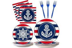 WIOOFFEN 96 Pcs Nautical Anchor Party Supplies Set Anchor Theme Paper Plates Sailor Boat Ship Party Plates Baby Shower Birthday Plates and Napkins Navy Paper Plates Napkins Forks for 24 Guests