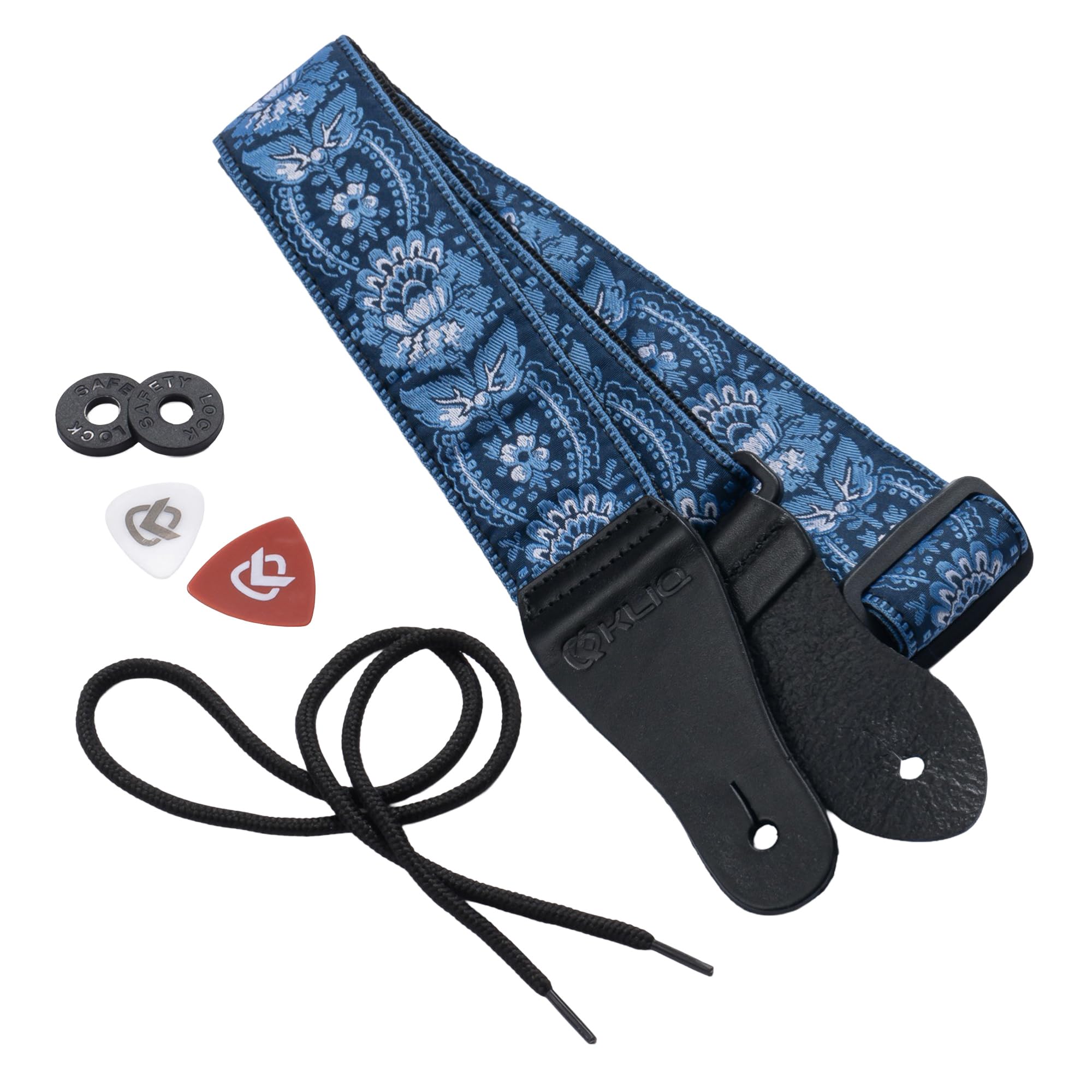 KLIQ Vintage Woven Guitar Strap for Acoustic & Electric Guitars + 2 Rubber Strap Locks, 2 Guitar Picks & 1 Lace | '60s Jacquard Weave Hootenanny Style | Navy & Blue Sunburst Flower
