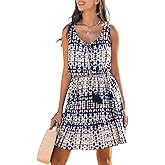 CUPSHE Women's Tie Dye Summer Dress Sleeveless Mini Dresses Tassel Trim Elastic Waist Scoop Neck Short Beach Sundress
