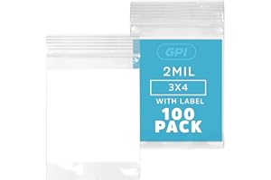 GPI Pack of 100 3" x 4" Clear Plastic Reclosable Zip Bags - Bulk 2 mil Thick Strong & Durable Poly Baggies With Resealable Zipper Top Lock & write-on white block, for storage, packaging & shipping